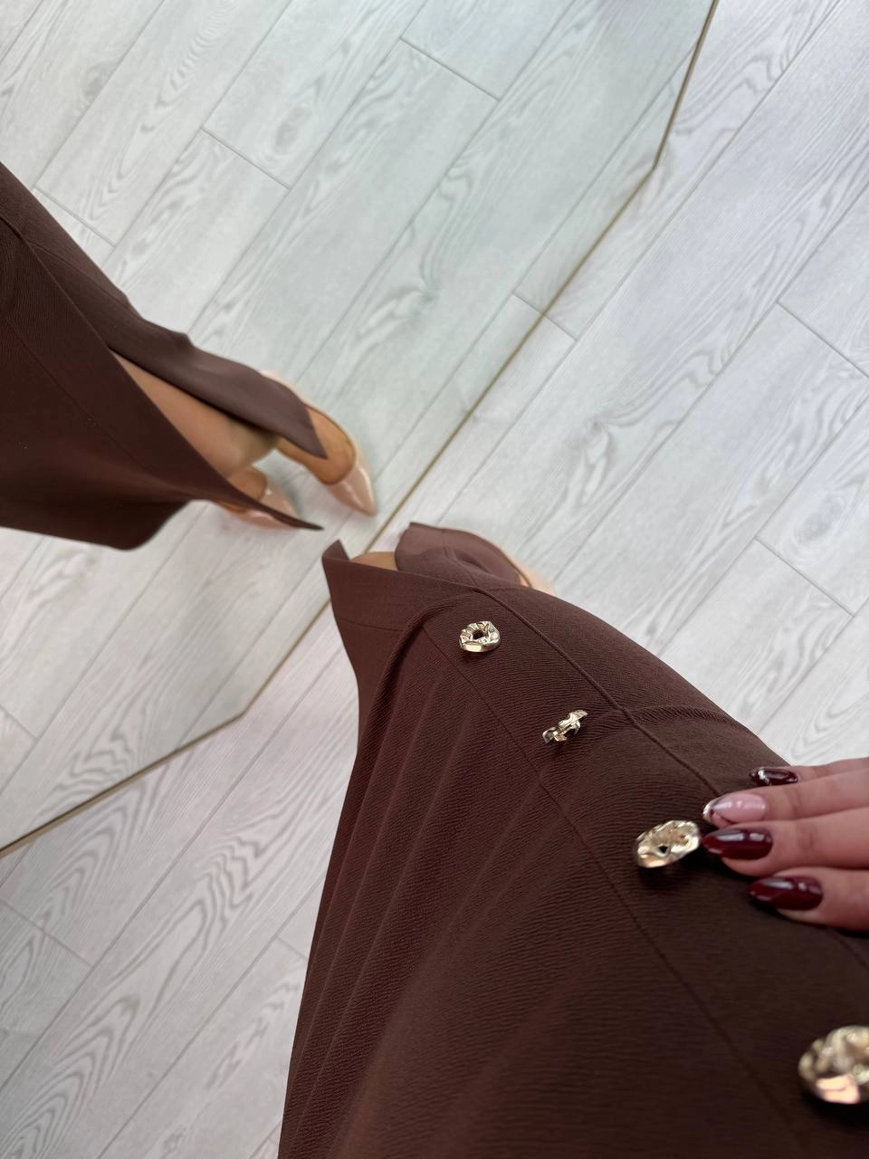 Kahverengi%20Zara%20Model%20Likralı%20Çelik%20Kumaş%20Düğme%20Detay%20Kalem%20Etek