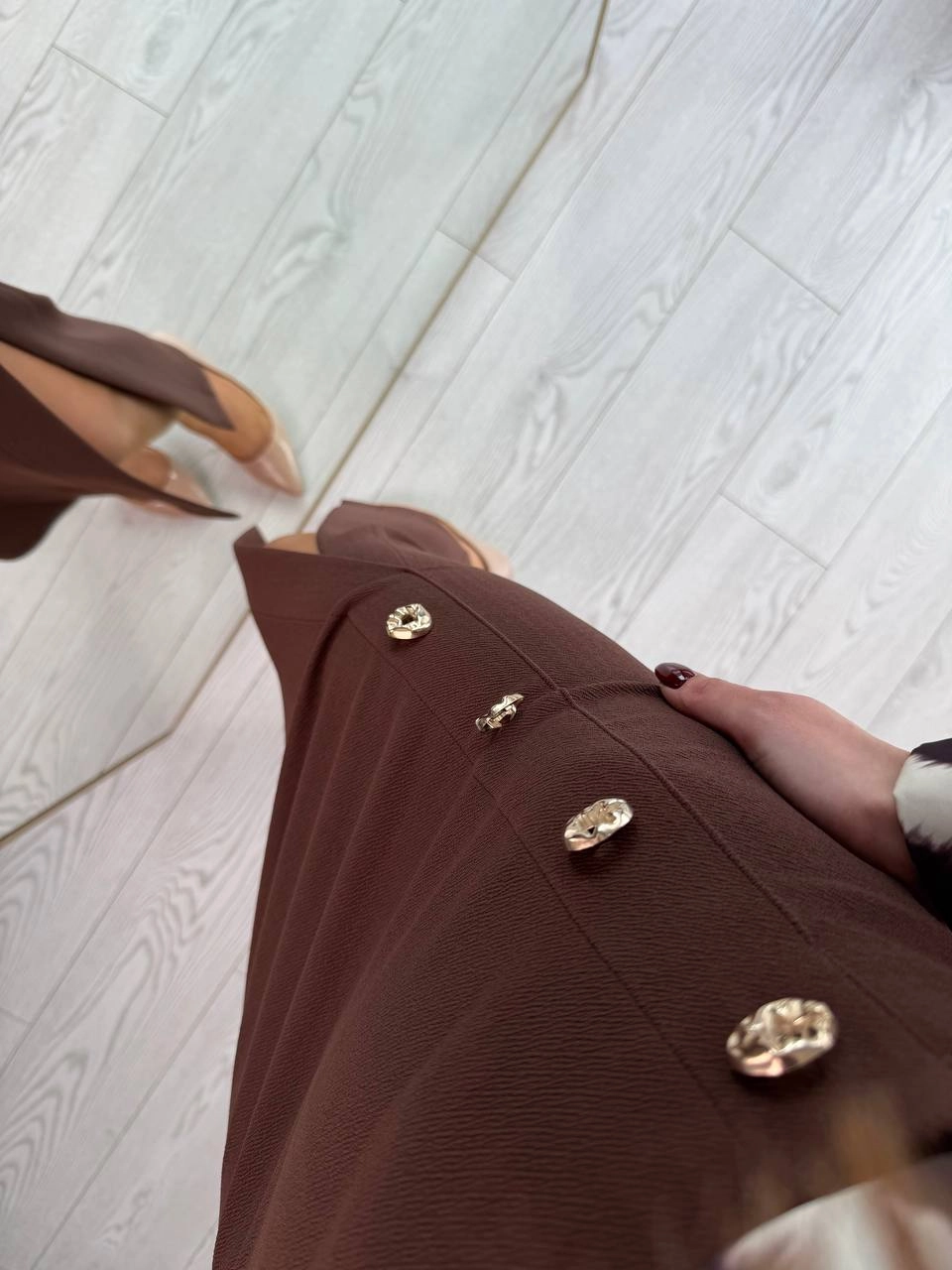 Kahverengi%20Zara%20Model%20Likralı%20Çelik%20Kumaş%20Düğme%20Detay%20Kalem%20Etek