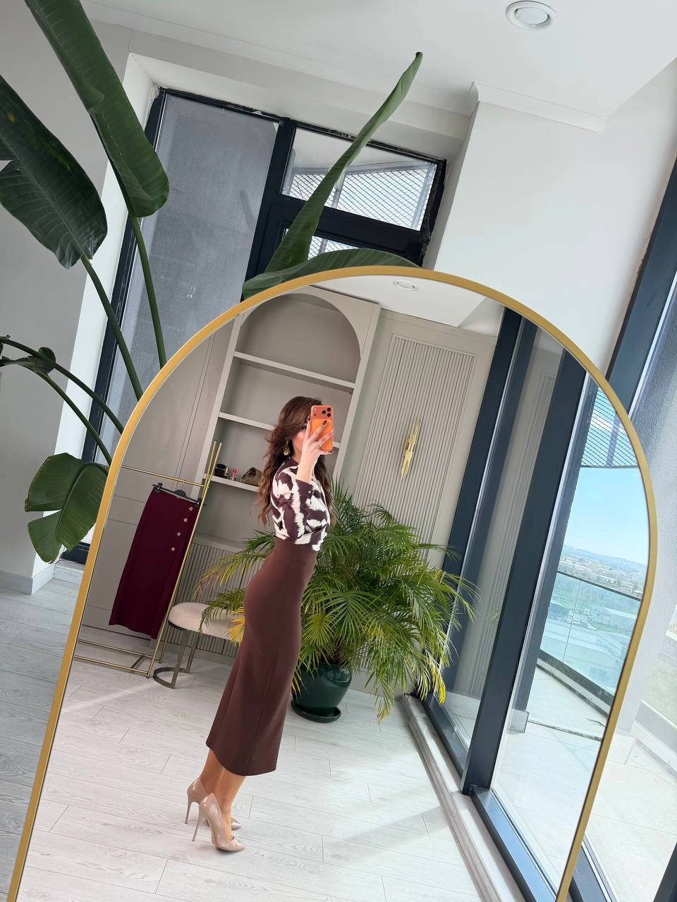 Kahverengi%20Zara%20Model%20Likralı%20Çelik%20Kumaş%20Düğme%20Detay%20Kalem%20Etek