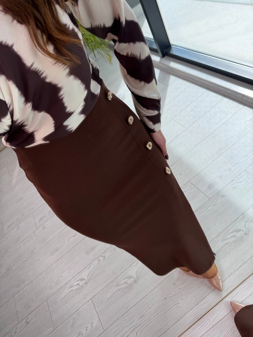 Kahverengi%20Zara%20Model%20Likralı%20Çelik%20Kumaş%20Düğme%20Detay%20Kalem%20Etek
