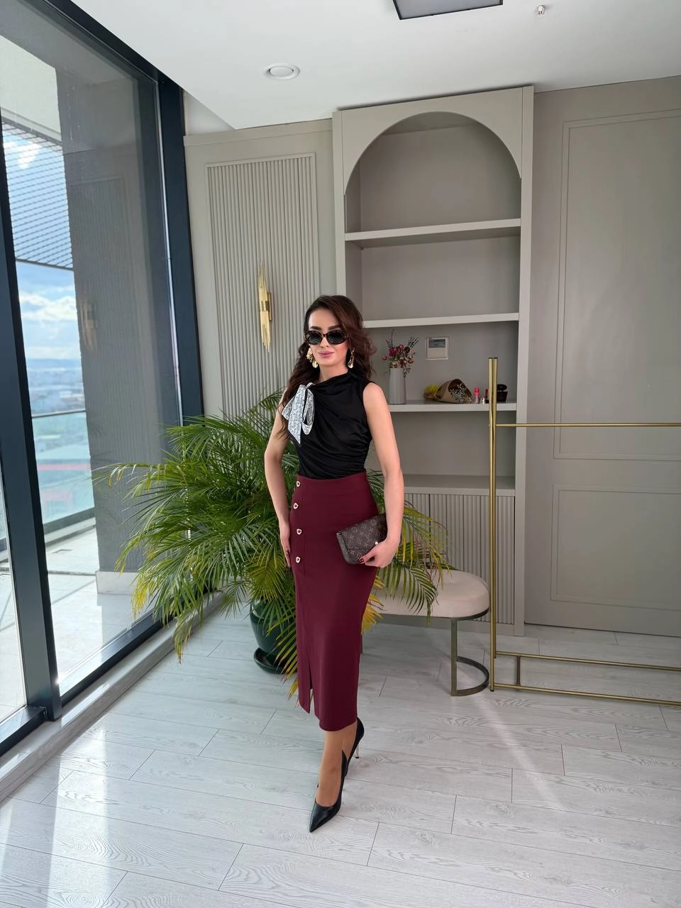 Bordo%20Zara%20Model%20Likralı%20Çelik%20Kumaş%20Düğme%20Detay%20Kalem%20Etek