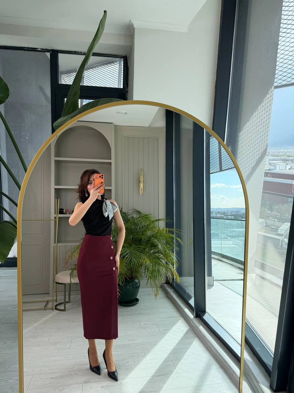 Bordo%20Zara%20Model%20Likralı%20Çelik%20Kumaş%20Düğme%20Detay%20Kalem%20Etek