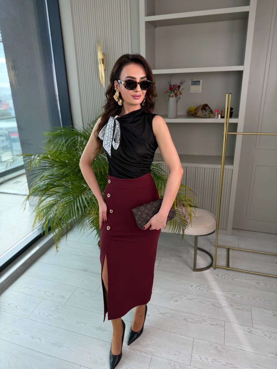 Bordo%20Zara%20Model%20Likralı%20Çelik%20Kumaş%20Düğme%20Detay%20Kalem%20Etek