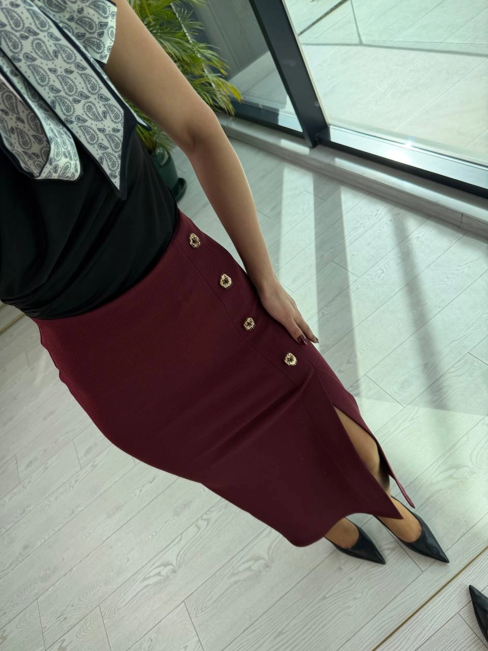 Bordo%20Zara%20Model%20Likralı%20Çelik%20Kumaş%20Düğme%20Detay%20Kalem%20Etek