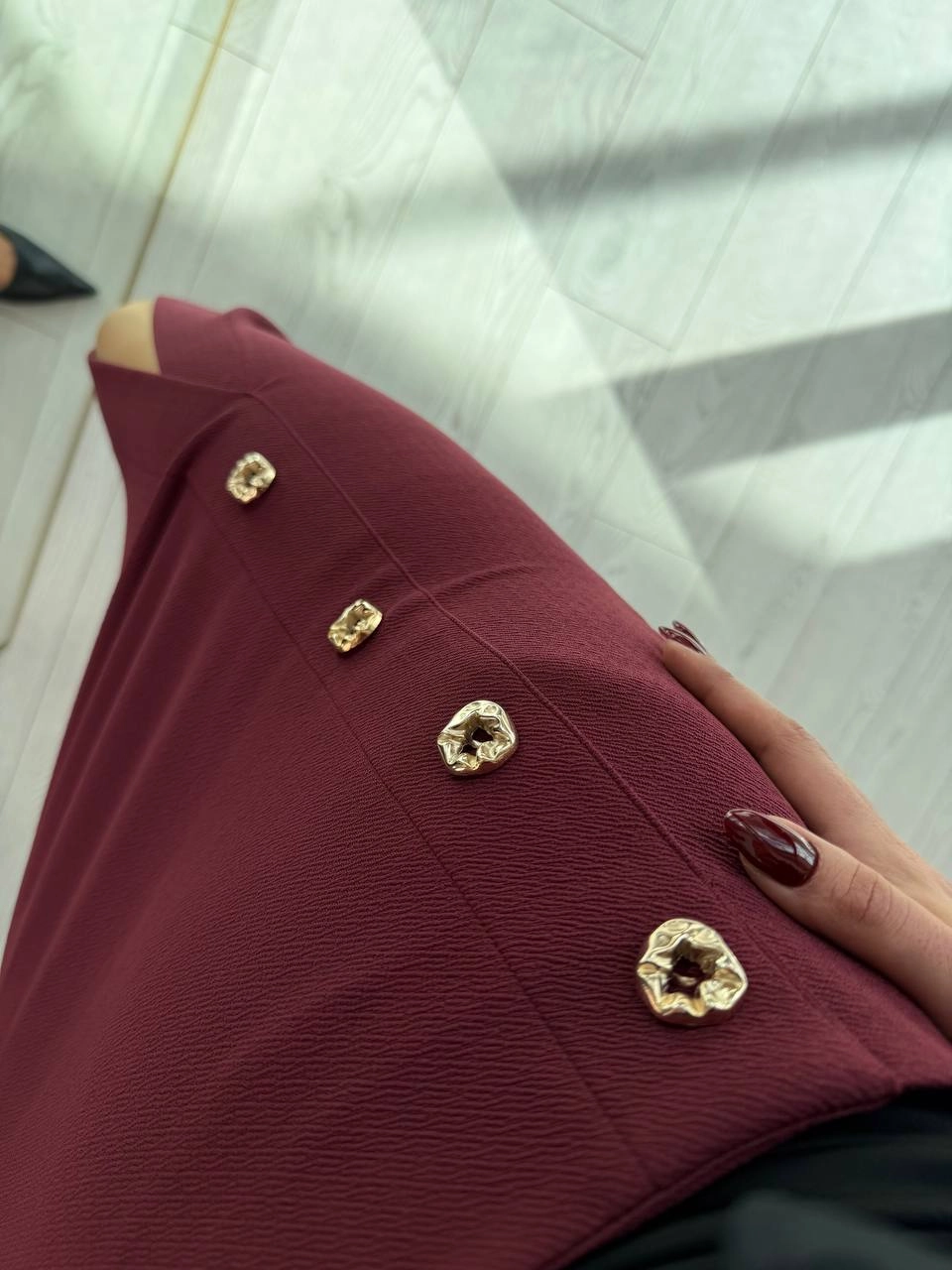Bordo%20Zara%20Model%20Likralı%20Çelik%20Kumaş%20Düğme%20Detay%20Kalem%20Etek