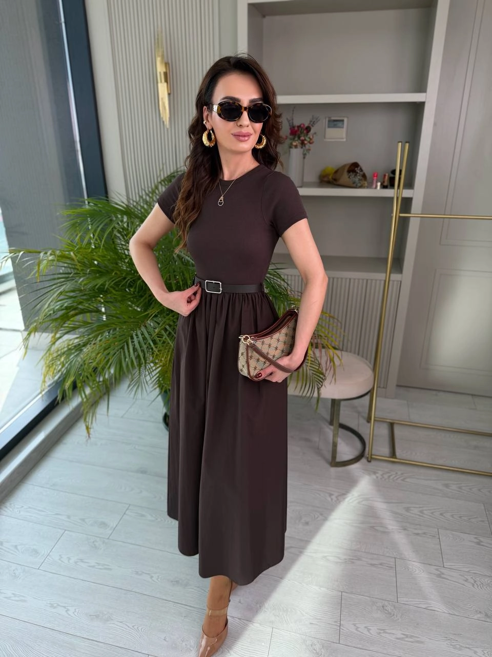 Kahverengi%20Kemerli%20Eteği%20Poplin%20Kısa%20Kol%20Elbise