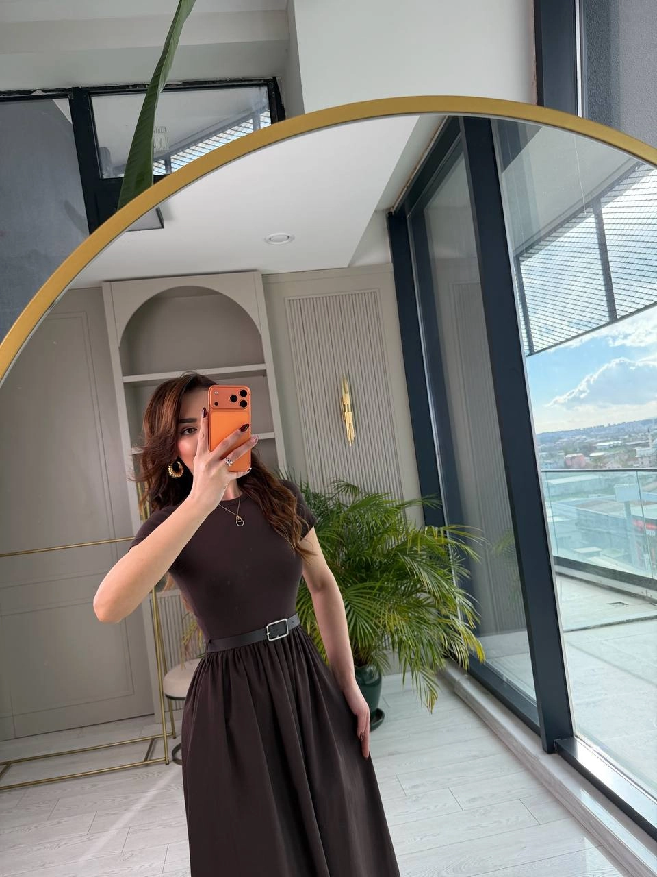 Kahverengi%20Kemerli%20Eteği%20Poplin%20Kısa%20Kol%20Elbise