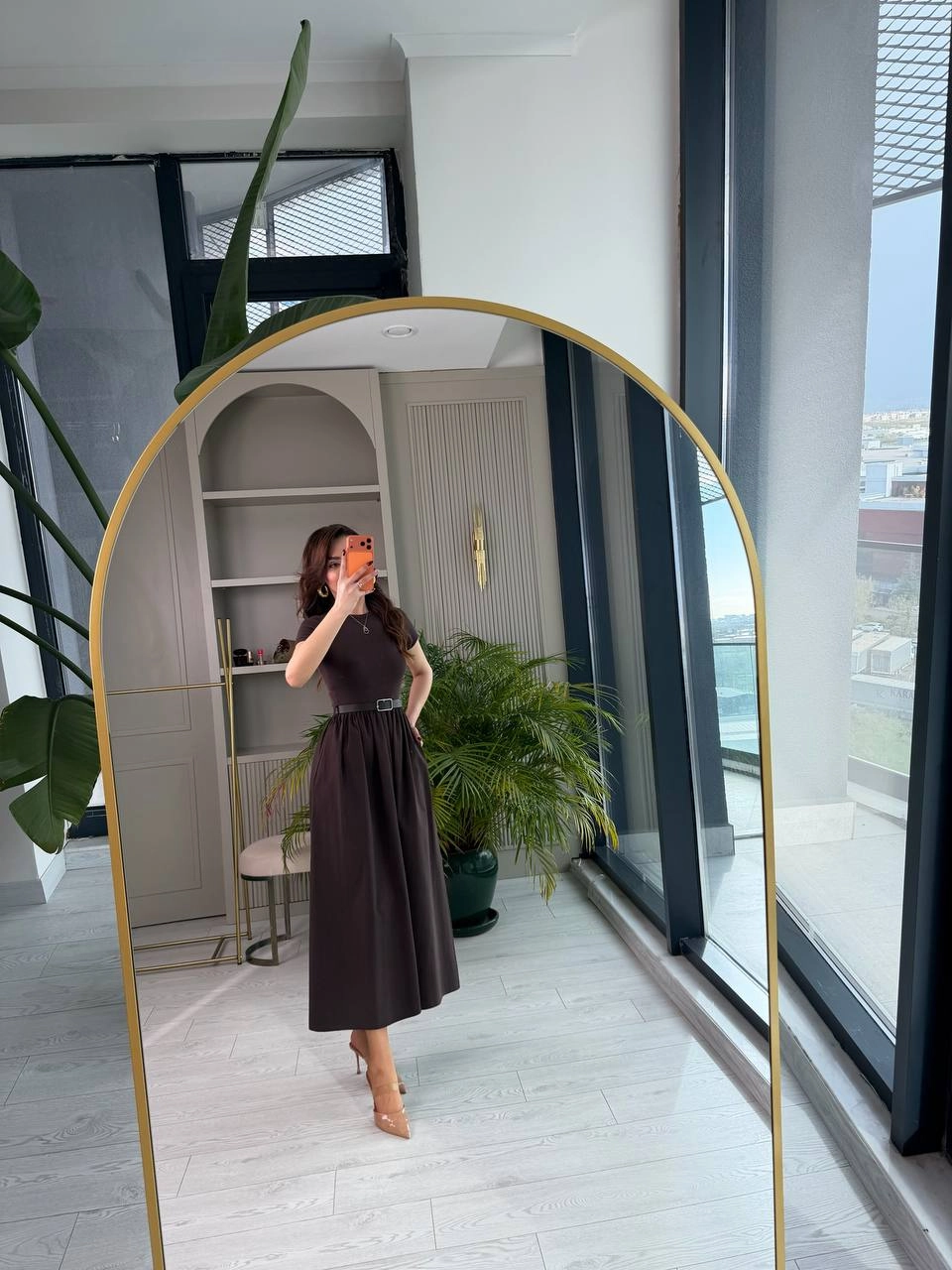 Kahverengi%20Kemerli%20Eteği%20Poplin%20Kısa%20Kol%20Elbise