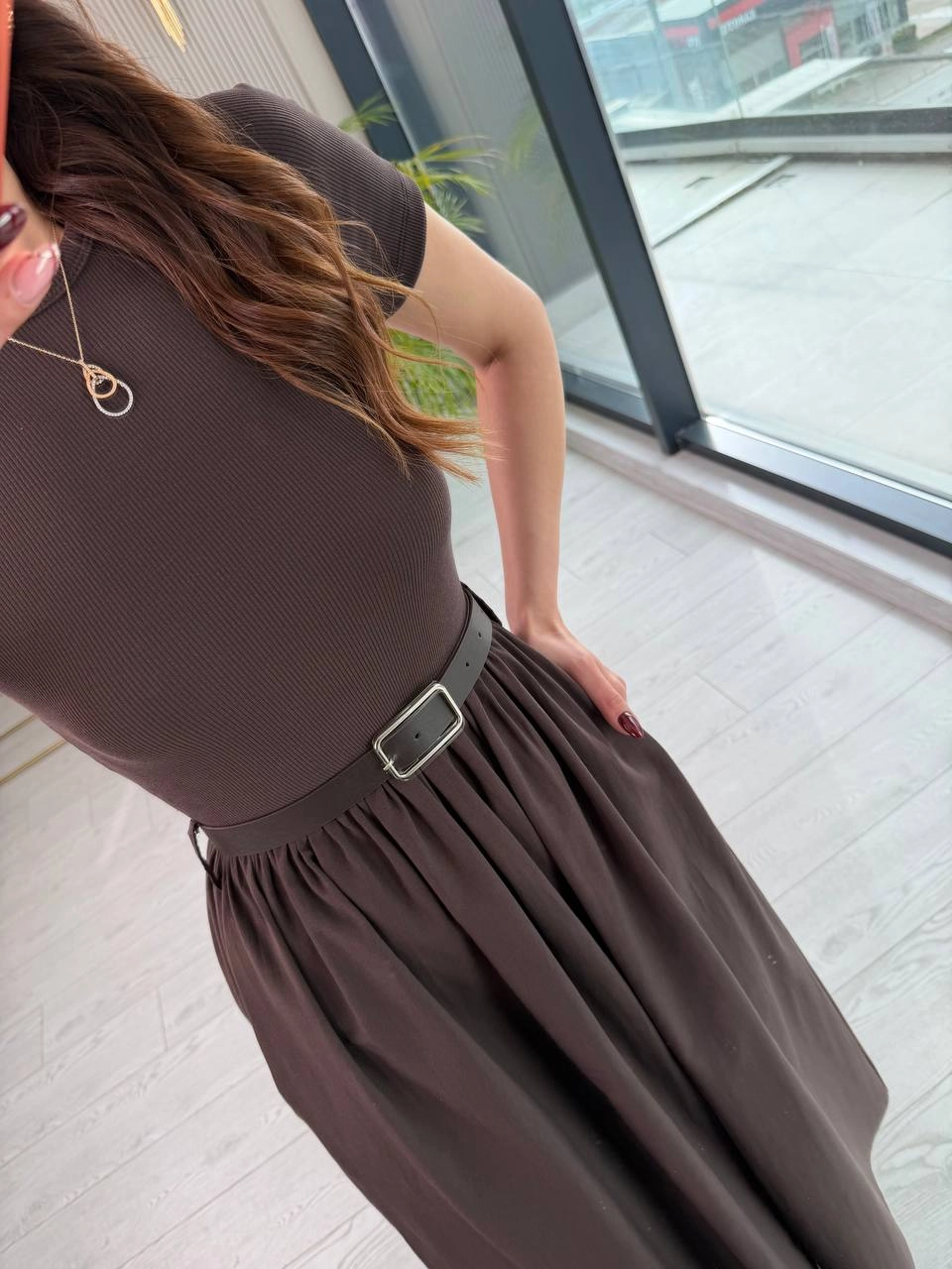 Kahverengi%20Kemerli%20Eteği%20Poplin%20Kısa%20Kol%20Elbise