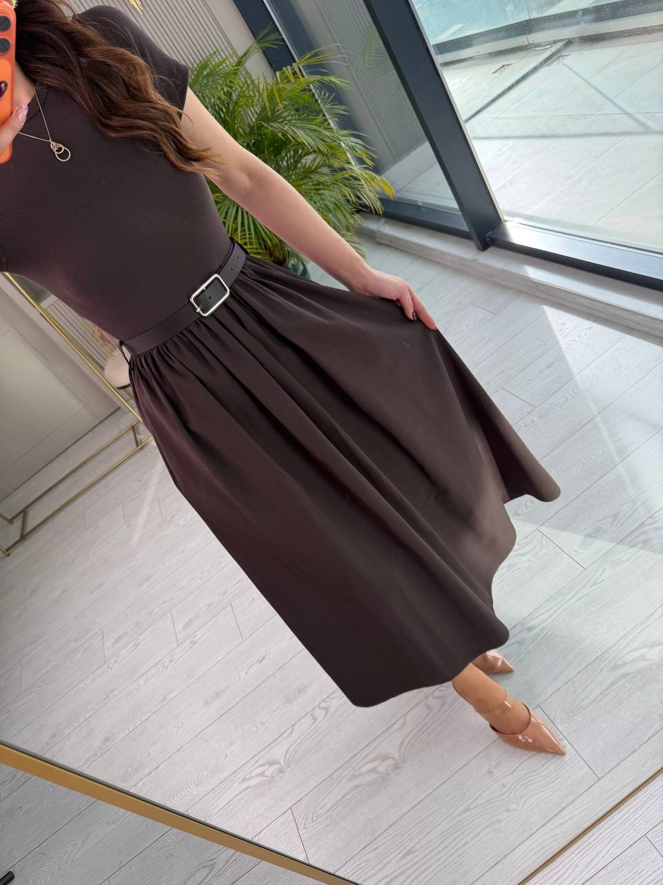 Kahverengi%20Kemerli%20Eteği%20Poplin%20Kısa%20Kol%20Elbise