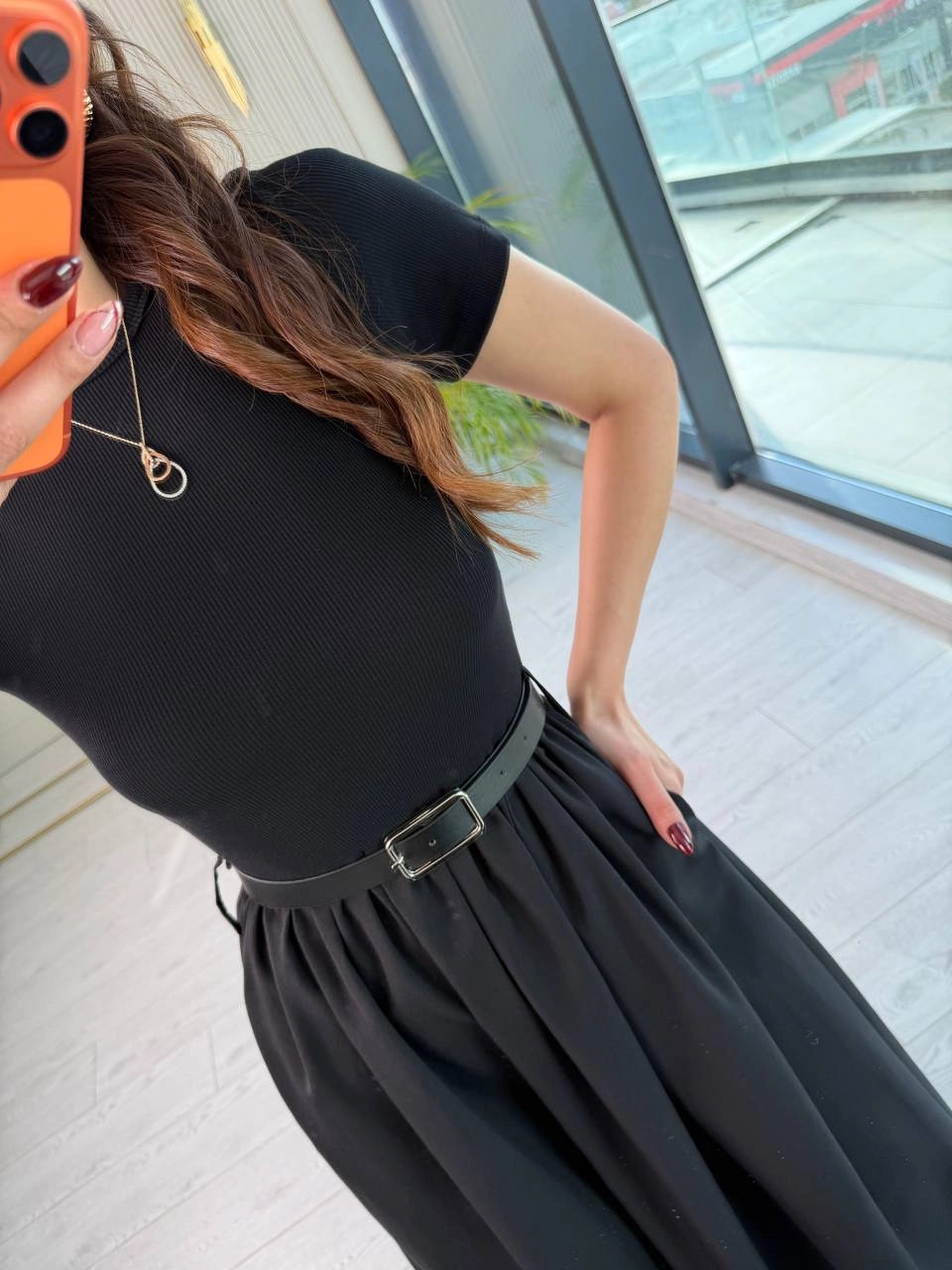 Siyah%20Kemerli%20Eteği%20Poplin%20Kısa%20Kol%20Elbise