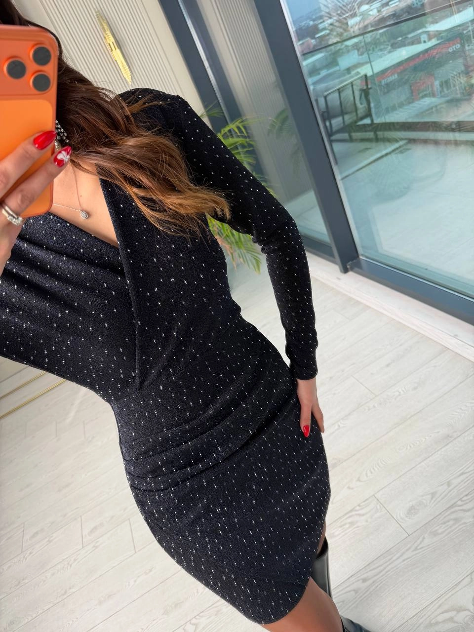 Lacivert%20Minimal%20Taşlı%20Likralı%20Mini%20Elbise