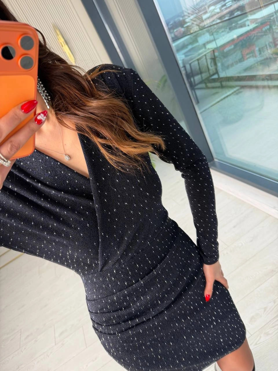 Lacivert%20Minimal%20Taşlı%20Likralı%20Mini%20Elbise