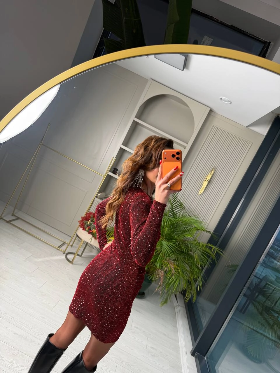 Bordo%20Minimal%20Taşlı%20Likralı%20Mini%20Elbise