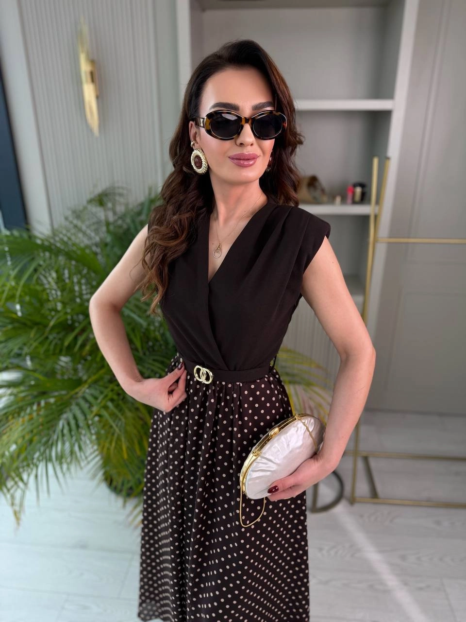 Kahverengi%20Puantiye%20Desen%20Astarlı%20Kemerli%20Elbise