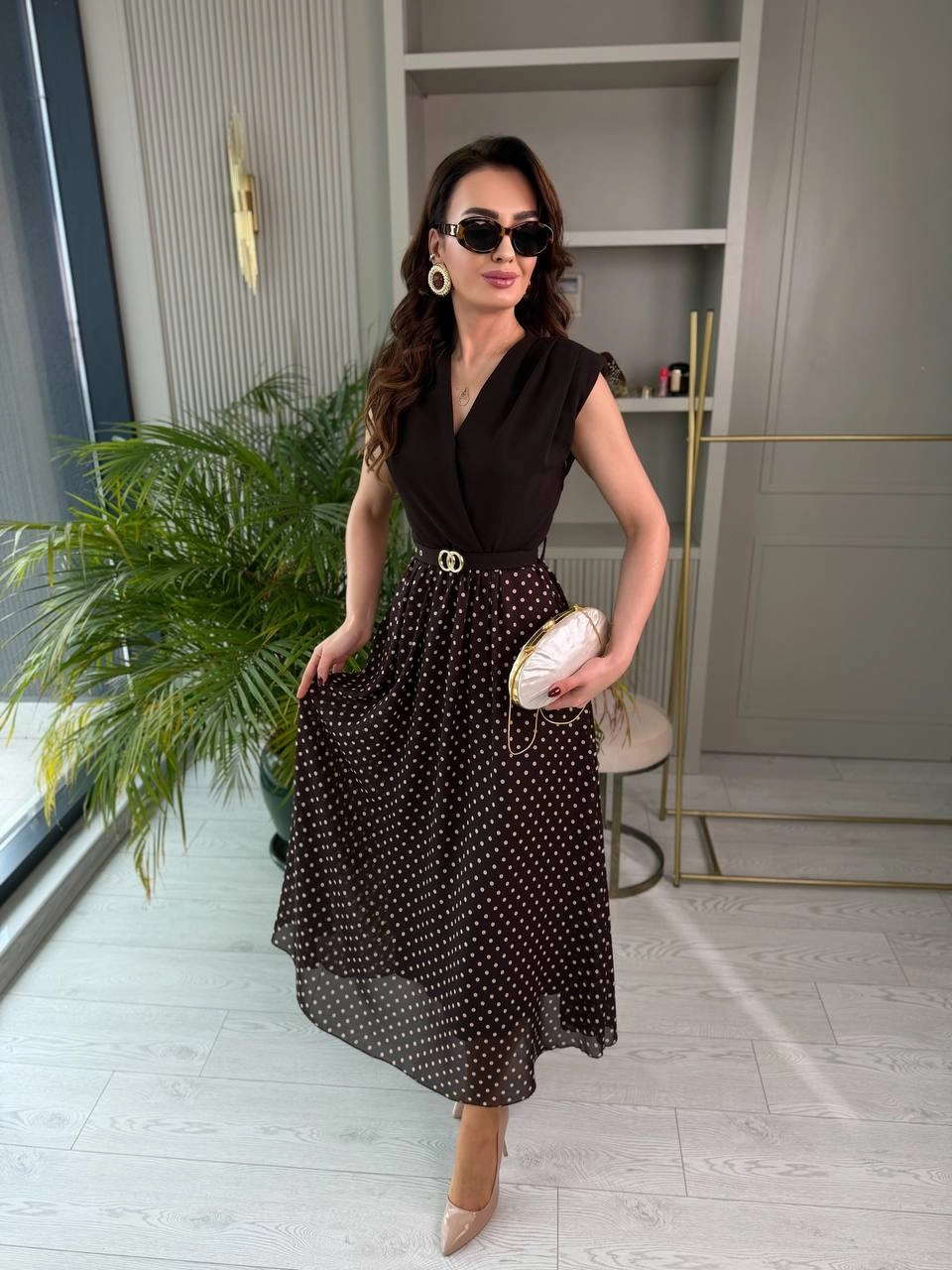 Kahverengi%20Puantiye%20Desen%20Astarlı%20Kemerli%20Elbise