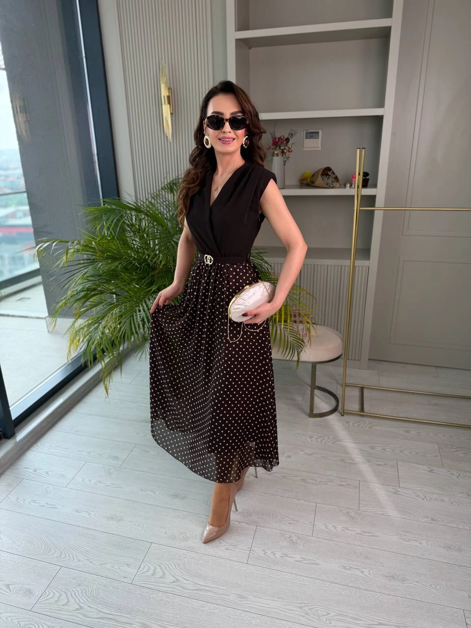 Kahverengi%20Puantiye%20Desen%20Astarlı%20Kemerli%20Elbise