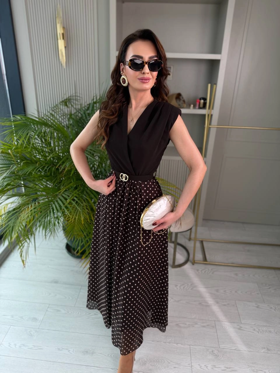 Kahverengi%20Puantiye%20Desen%20Astarlı%20Kemerli%20Elbise