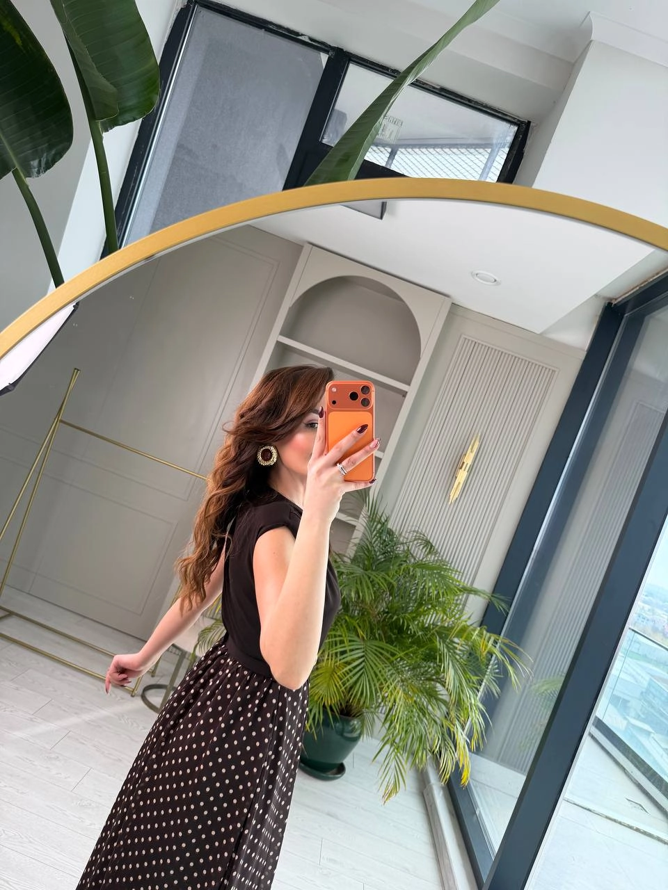 Kahverengi%20Puantiye%20Desen%20Astarlı%20Kemerli%20Elbise