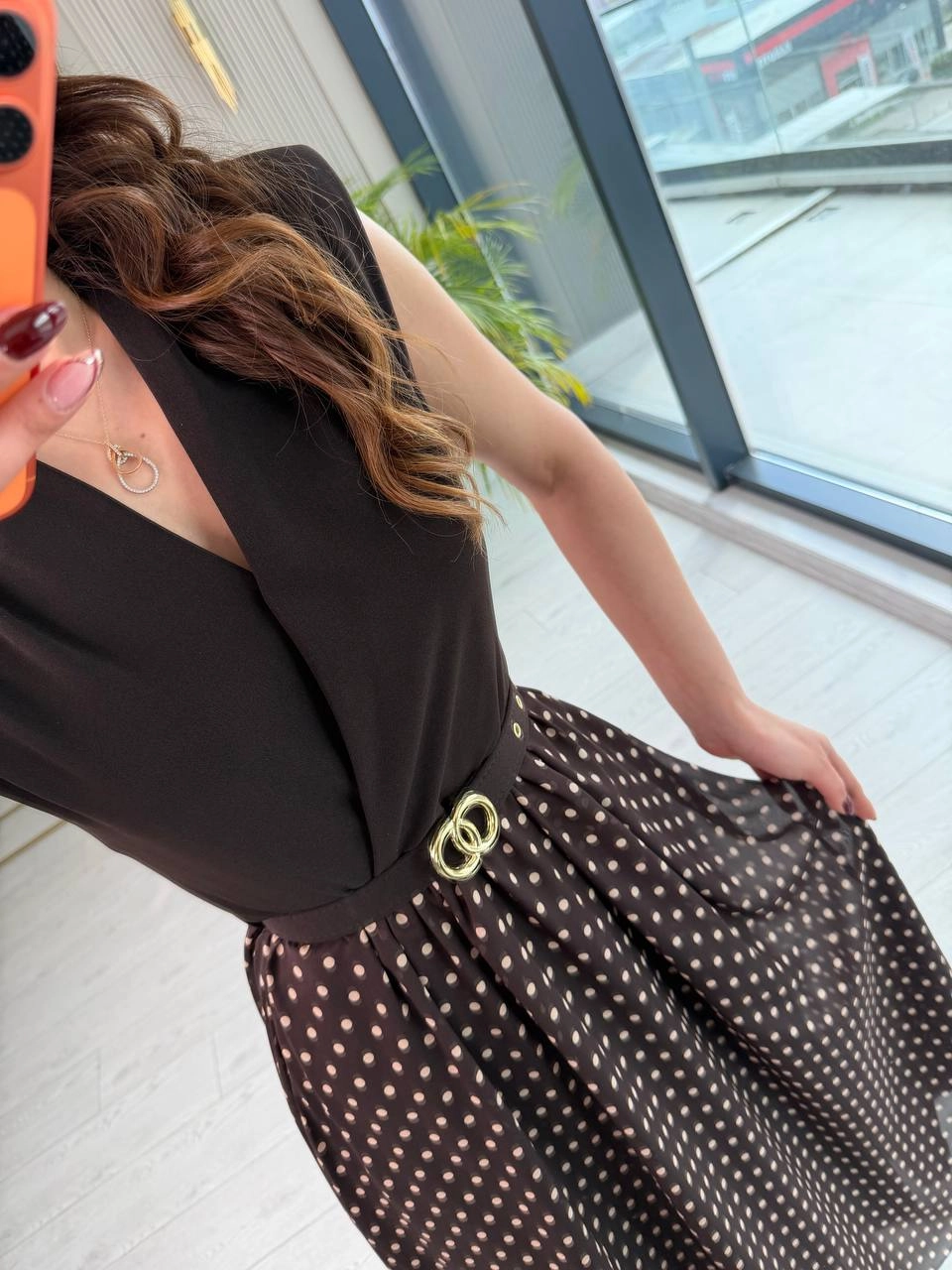 Kahverengi%20Puantiye%20Desen%20Astarlı%20Kemerli%20Elbise