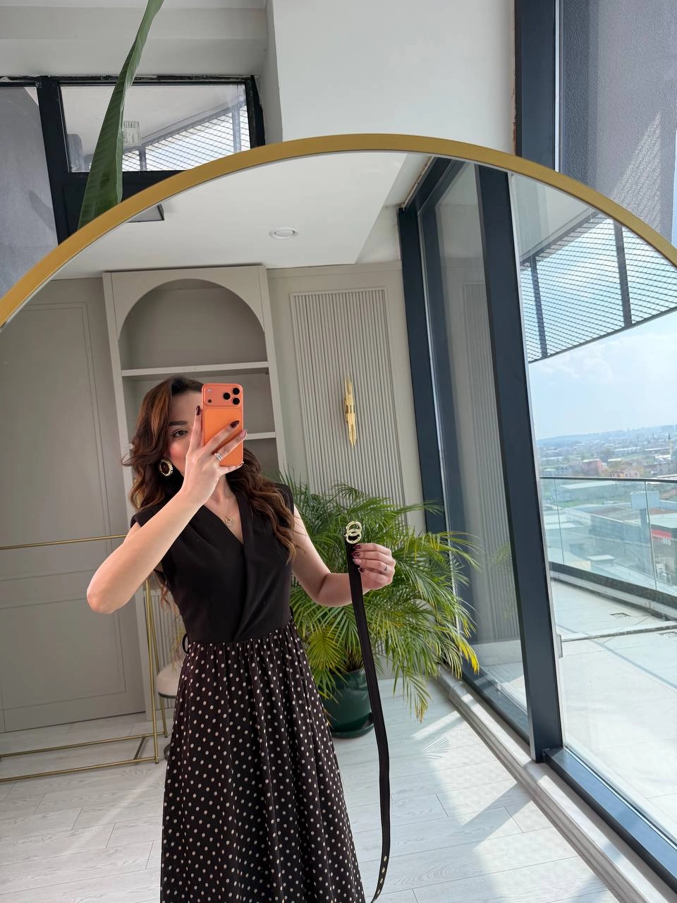 Kahverengi%20Puantiye%20Desen%20Astarlı%20Kemerli%20Elbise