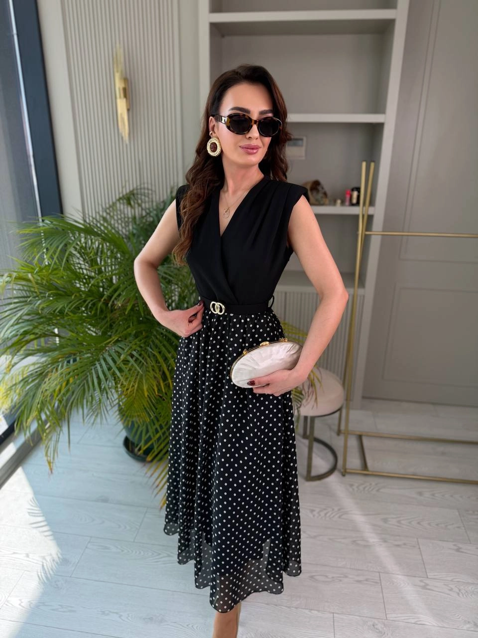 Siyah%20Puantiye%20Desen%20Astarlı%20Kemerli%20Elbise