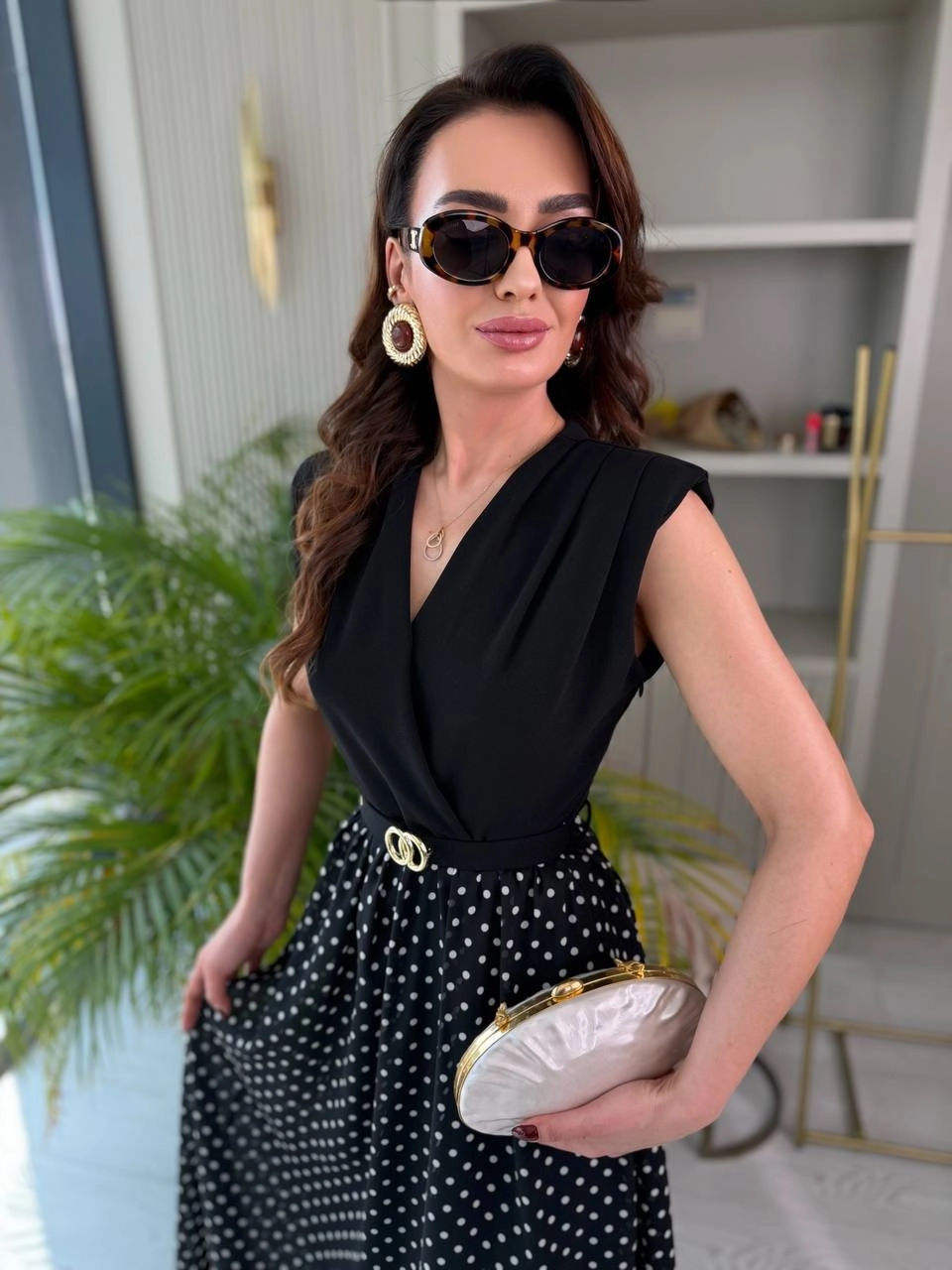 Siyah%20Puantiye%20Desen%20Astarlı%20Kemerli%20Elbise