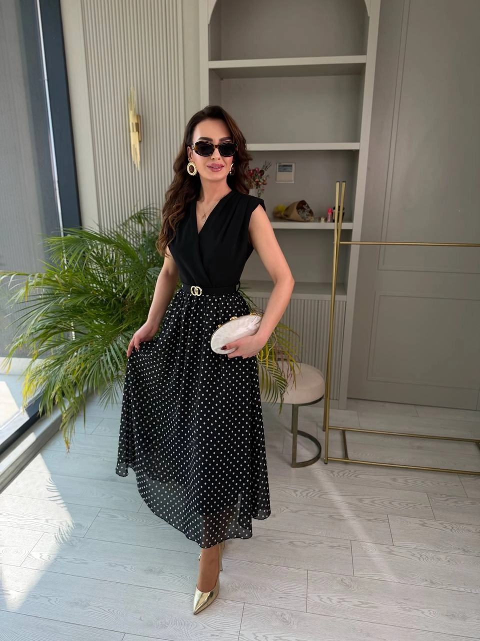 Siyah%20Puantiye%20Desen%20Astarlı%20Kemerli%20Elbise