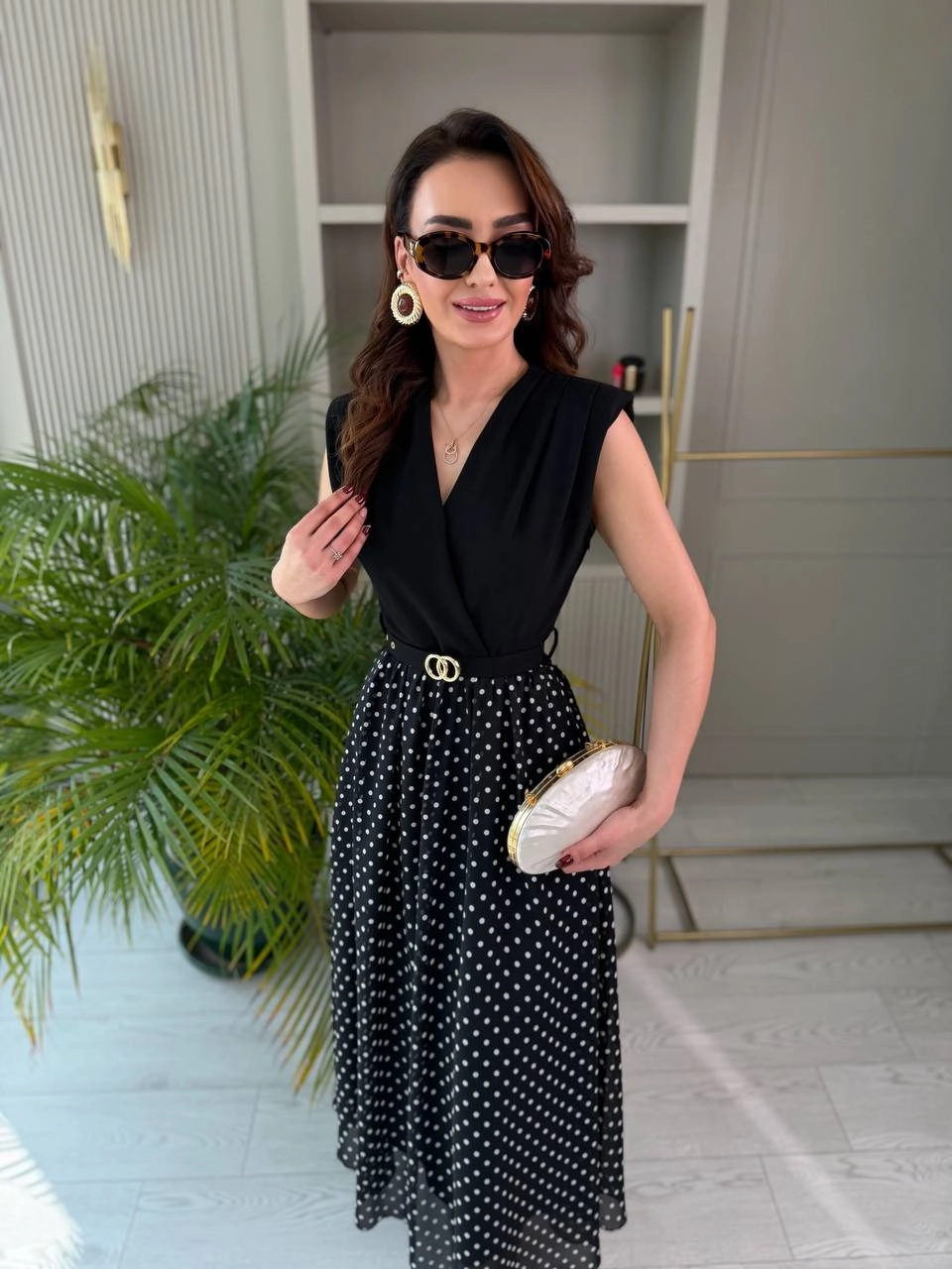 Siyah%20Puantiye%20Desen%20Astarlı%20Kemerli%20Elbise