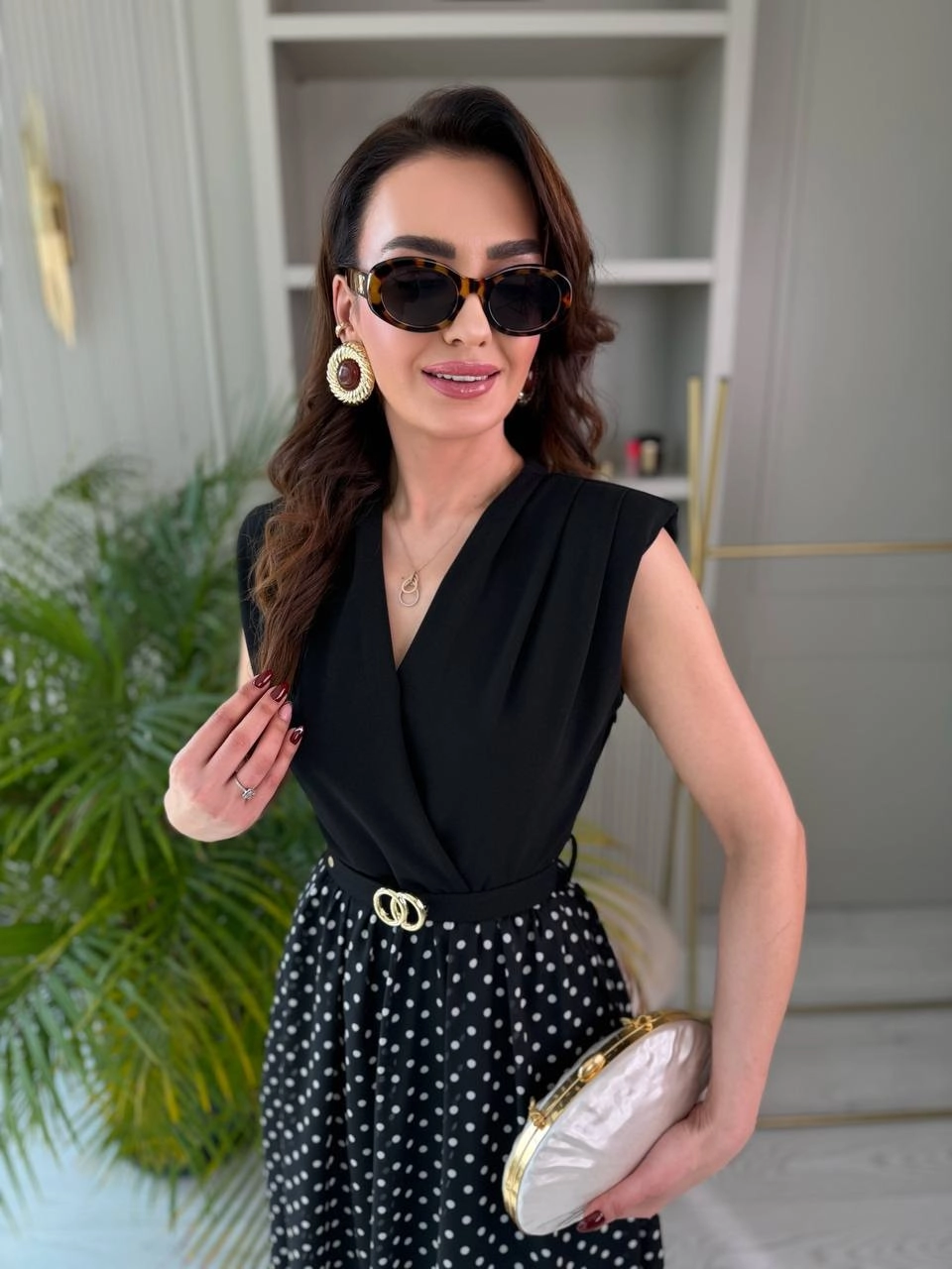 Siyah%20Puantiye%20Desen%20Astarlı%20Kemerli%20Elbise