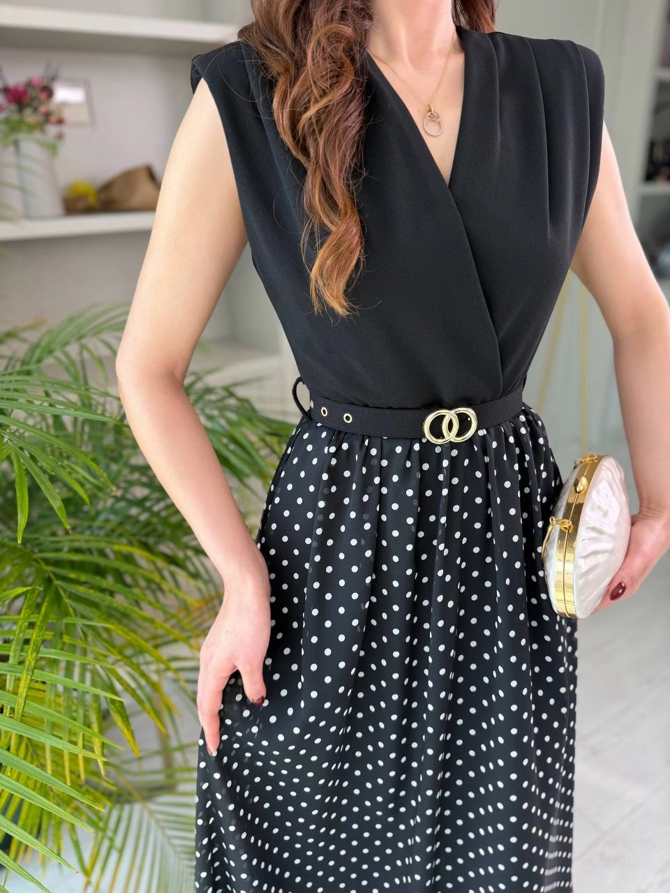 Siyah%20Puantiye%20Desen%20Astarlı%20Kemerli%20Elbise