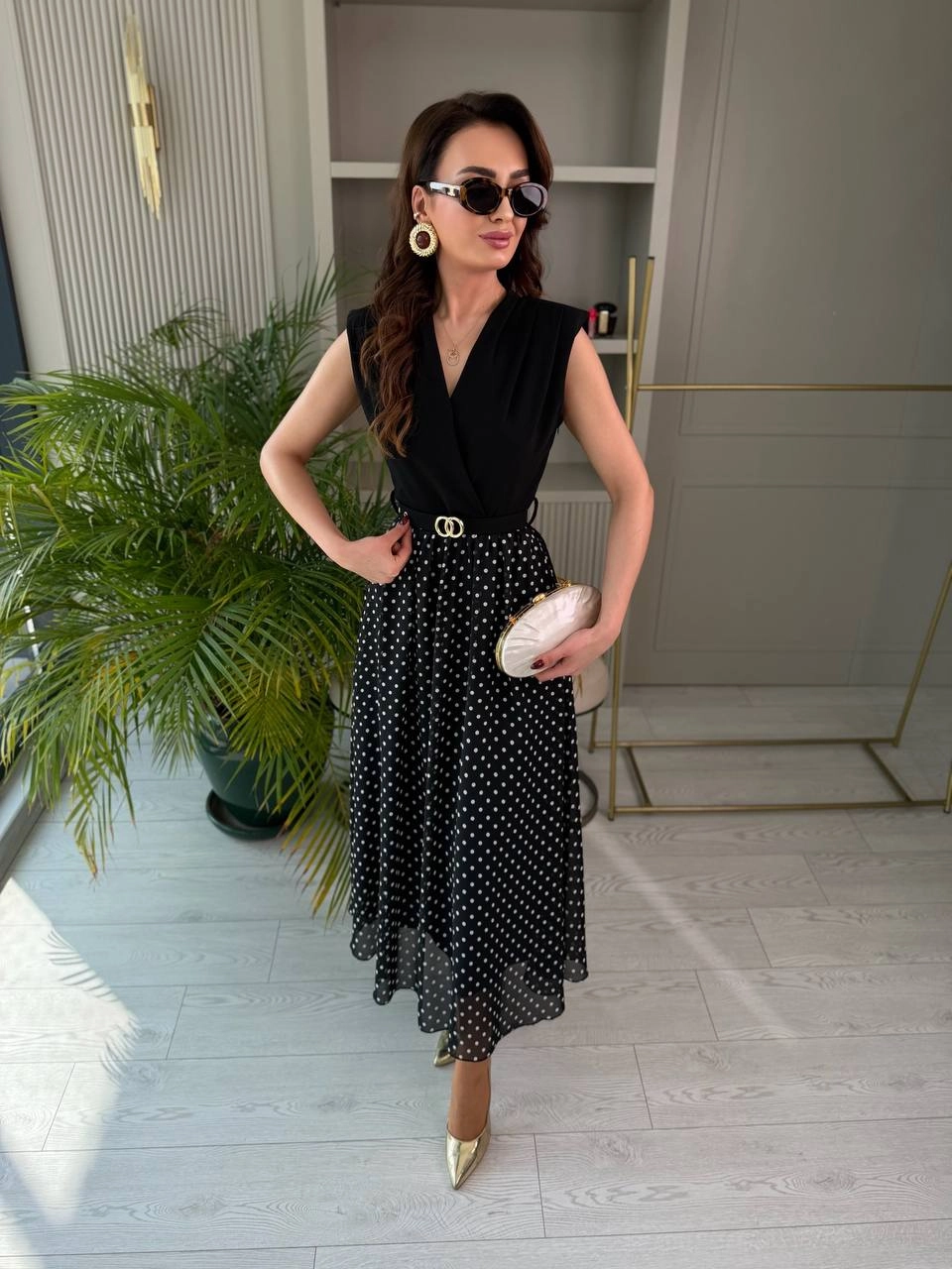 Siyah%20Puantiye%20Desen%20Astarlı%20Kemerli%20Elbise