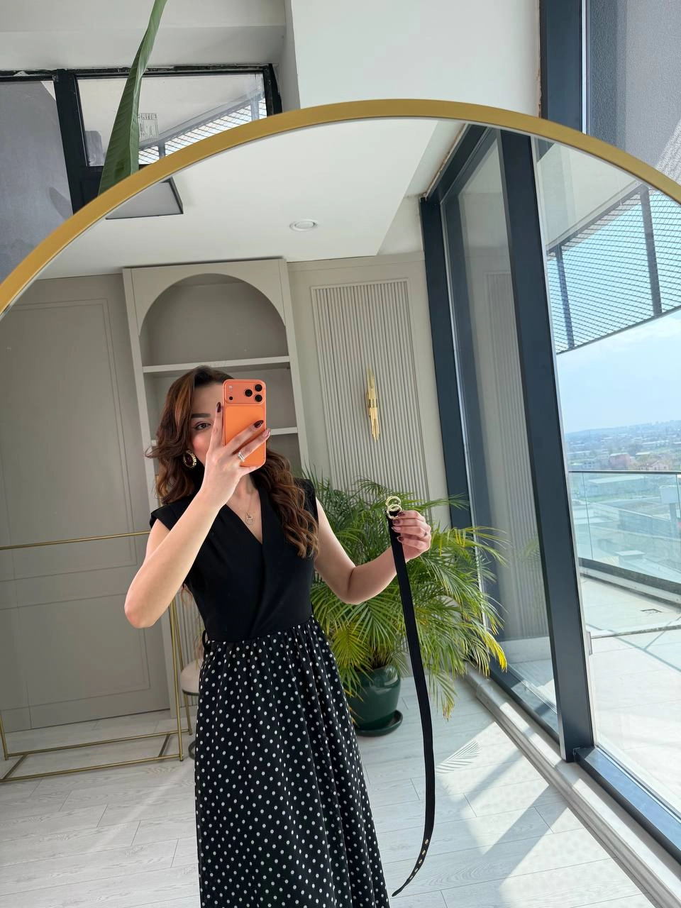 Siyah%20Puantiye%20Desen%20Astarlı%20Kemerli%20Elbise