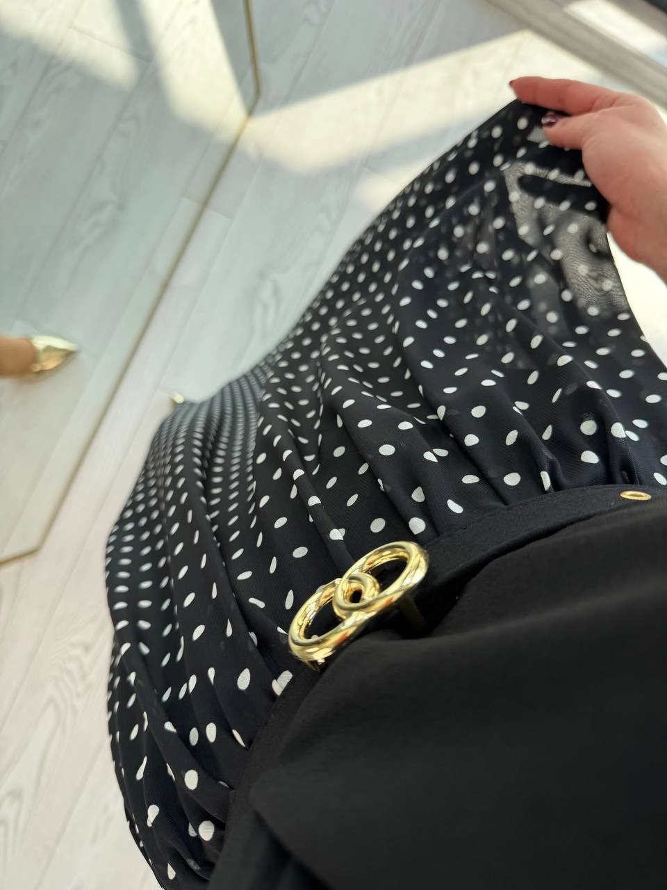 Siyah%20Puantiye%20Desen%20Astarlı%20Kemerli%20Elbise