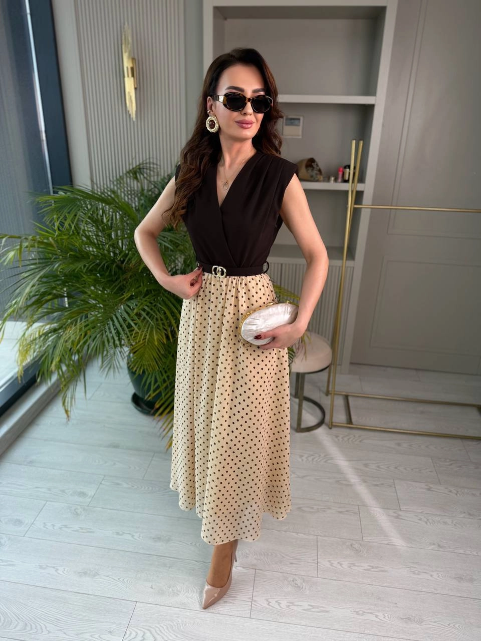Kahve%20Bej%20Puantiye%20Desen%20Astarlı%20Kemerli%20Elbise