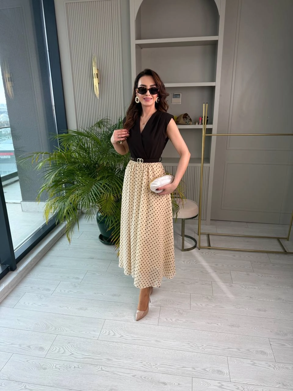 Kahve%20Bej%20Puantiye%20Desen%20Astarlı%20Kemerli%20Elbise