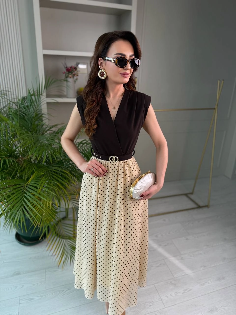 Kahve%20Bej%20Puantiye%20Desen%20Astarlı%20Kemerli%20Elbise