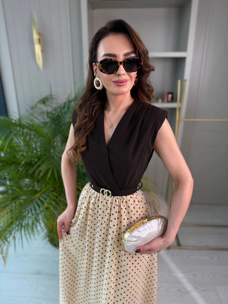 Kahve%20Bej%20Puantiye%20Desen%20Astarlı%20Kemerli%20Elbise