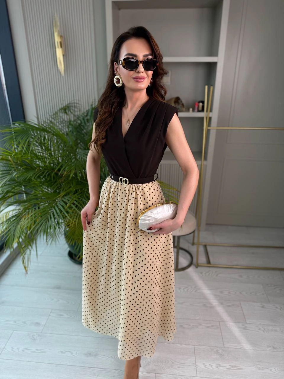 Kahve%20Bej%20Puantiye%20Desen%20Astarlı%20Kemerli%20Elbise