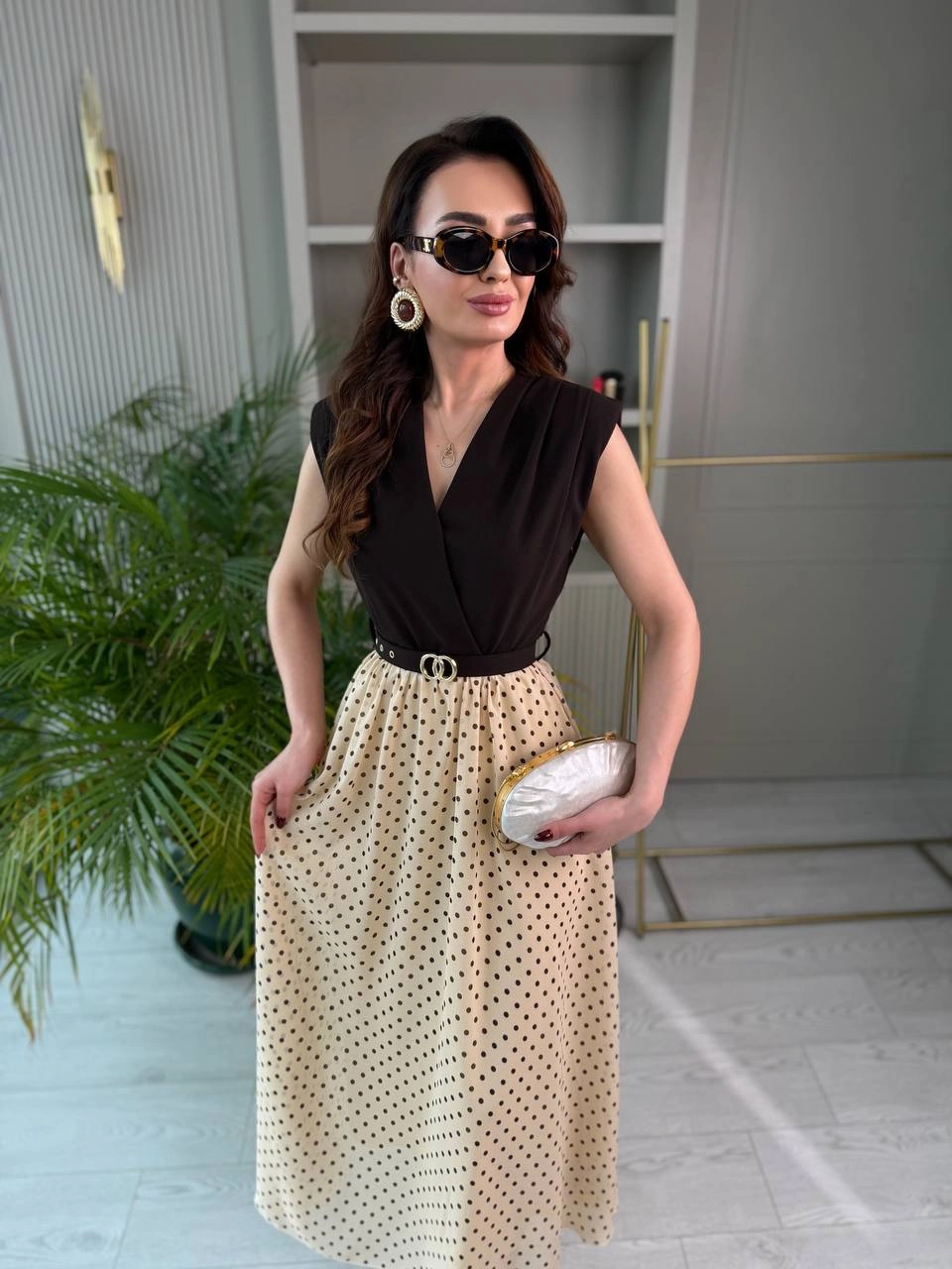 Kahve%20Bej%20Puantiye%20Desen%20Astarlı%20Kemerli%20Elbise