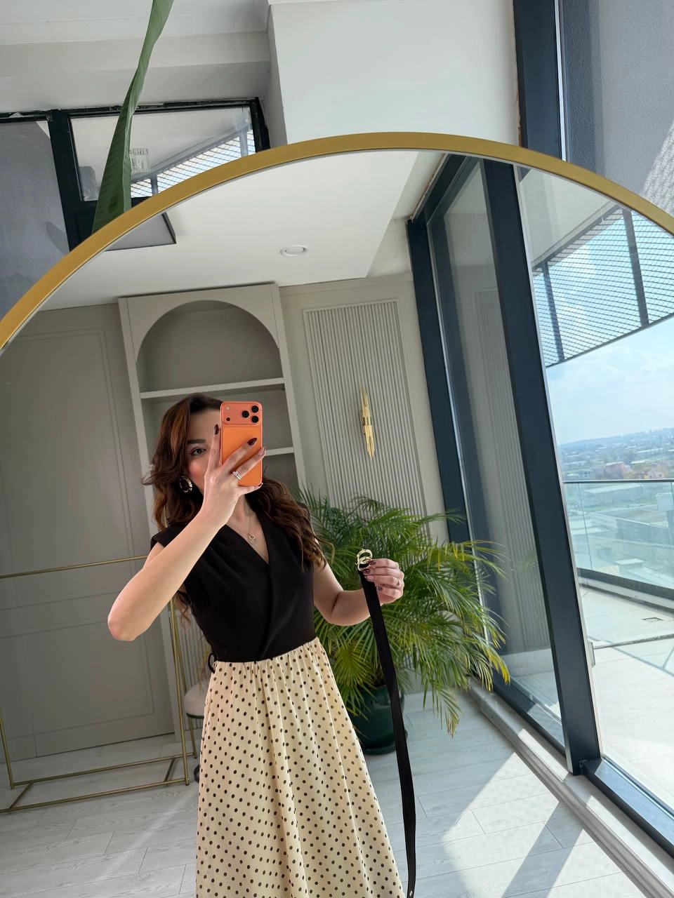 Kahve%20Bej%20Puantiye%20Desen%20Astarlı%20Kemerli%20Elbise