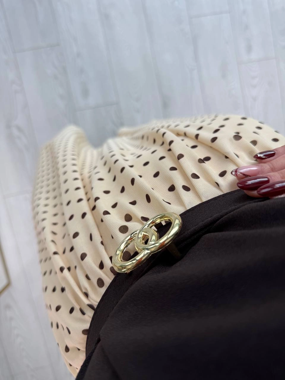 Kahve%20Bej%20Puantiye%20Desen%20Astarlı%20Kemerli%20Elbise