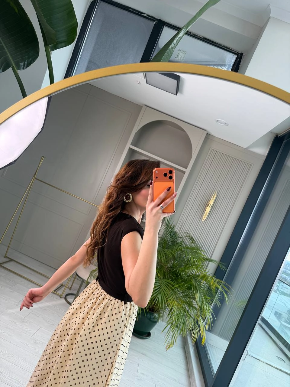 Kahve%20Bej%20Puantiye%20Desen%20Astarlı%20Kemerli%20Elbise