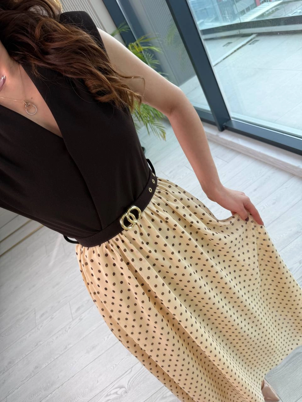 Kahve%20Bej%20Puantiye%20Desen%20Astarlı%20Kemerli%20Elbise