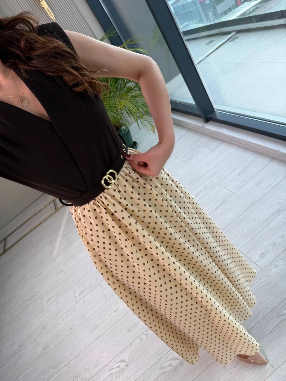 Kahve%20Bej%20Puantiye%20Desen%20Astarlı%20Kemerli%20Elbise