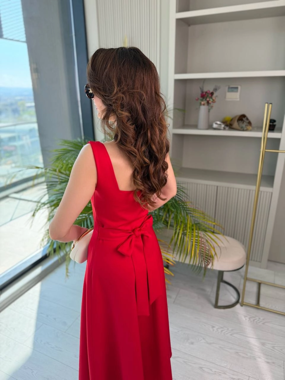 Kırmızı%20Kuşak%20Detaylı%20Double%20Krep%20Kumaş%20Çan%20Elbise