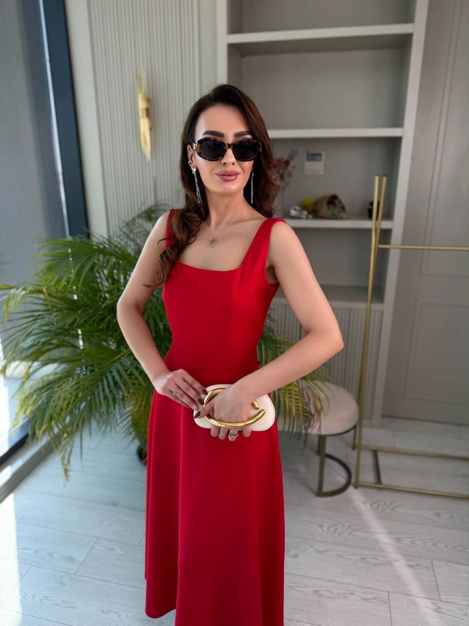 Kırmızı%20Kuşak%20Detaylı%20Double%20Krep%20Kumaş%20Çan%20Elbise