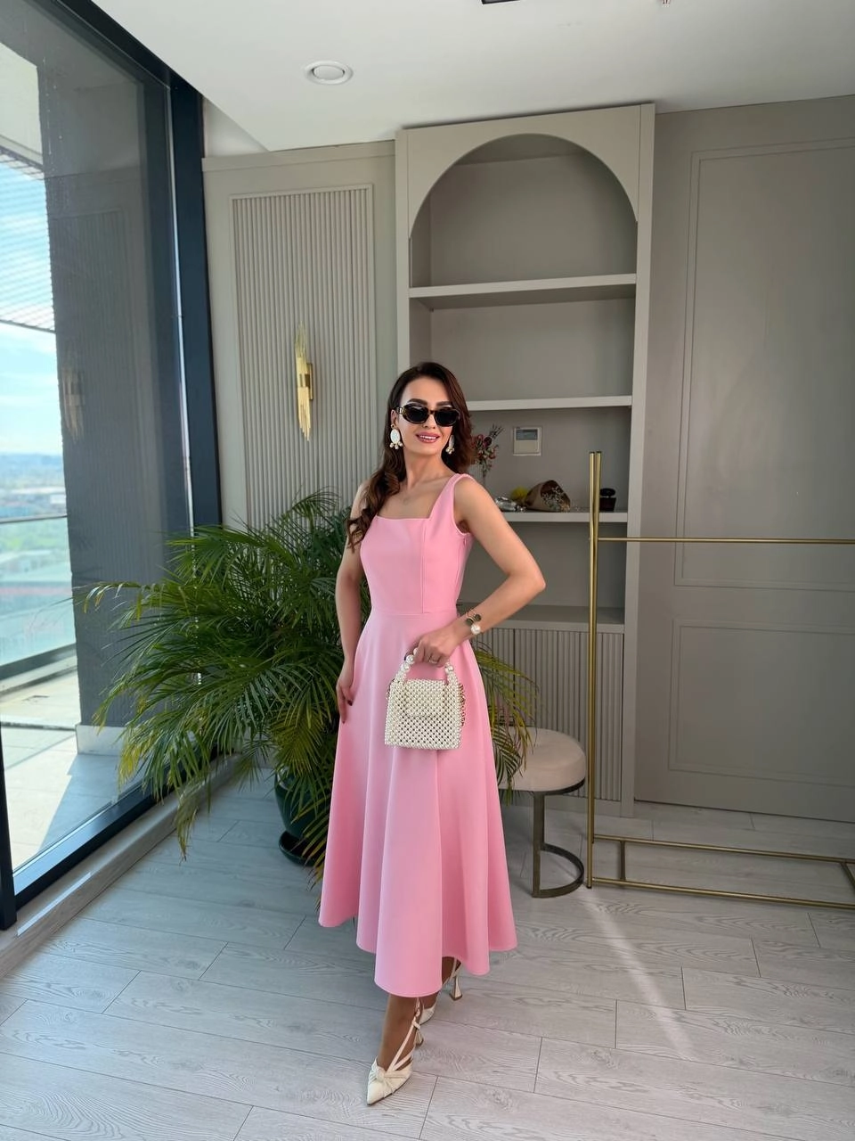 Barbie%20Pembe%20Kuşak%20Detaylı%20Double%20Krep%20Kumaş%20Çan%20Elbise