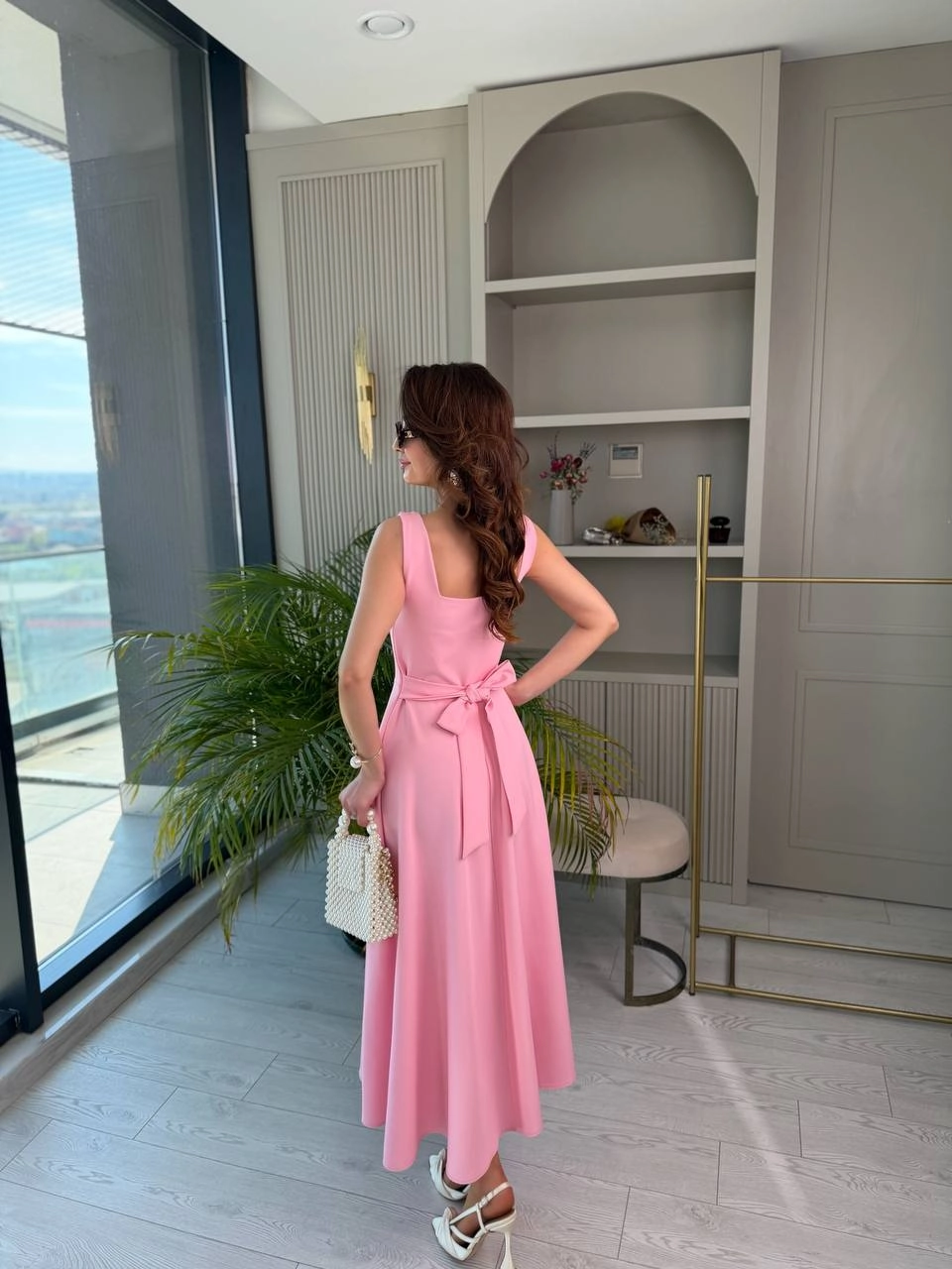 Barbie%20Pembe%20Kuşak%20Detaylı%20Double%20Krep%20Kumaş%20Çan%20Elbise
