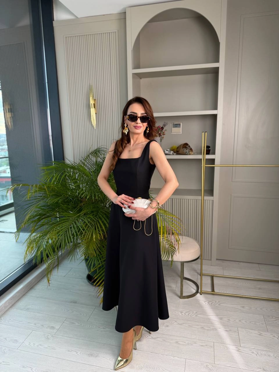 Siyah%20Kuşak%20Detaylı%20Double%20Krep%20Kumaş%20Çan%20Elbise